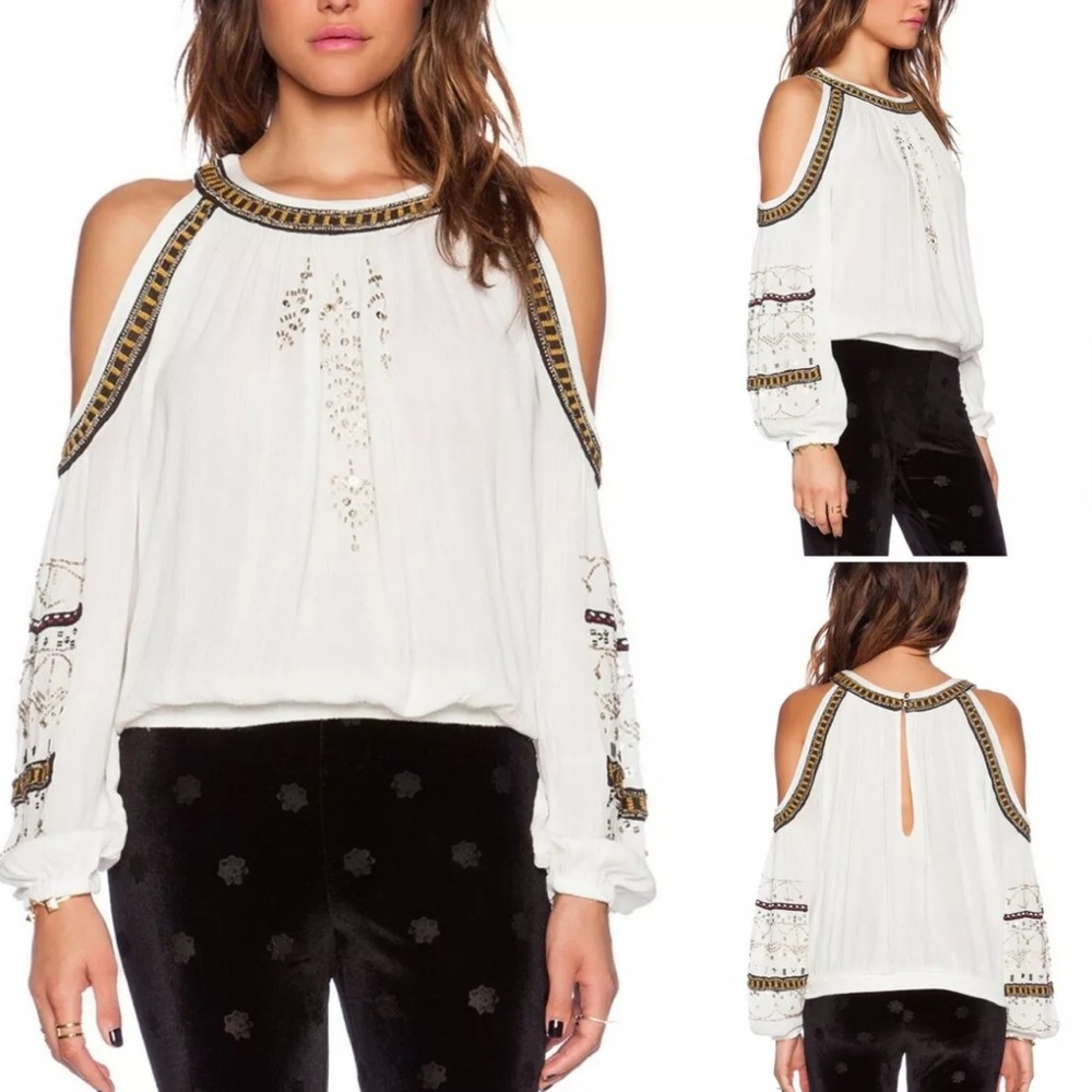 FREE PEOPLE Give Him The Cold
Shoulder Beaded Top In Ivory Size SP